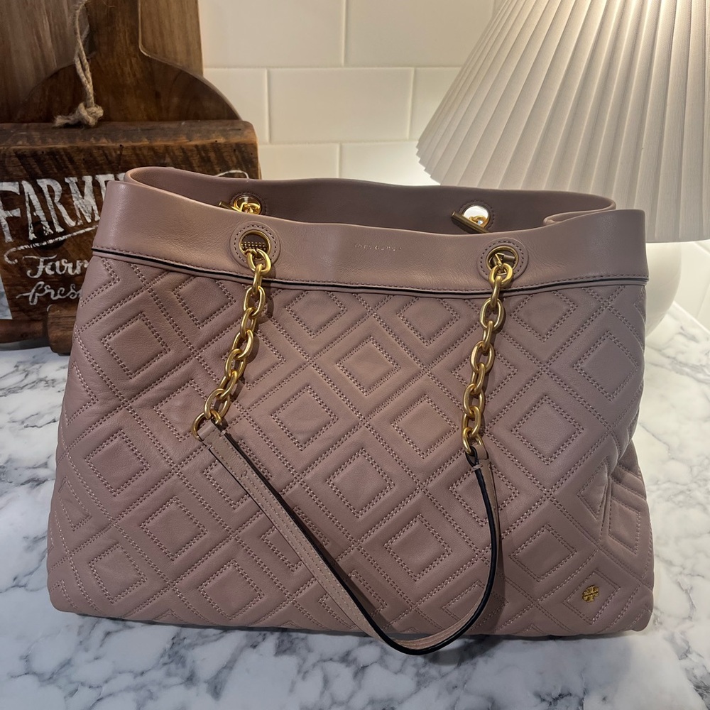 Tory Burch Blush Leather Quilted Fleming Marion Kira Alexa Tote Shoulder Bag